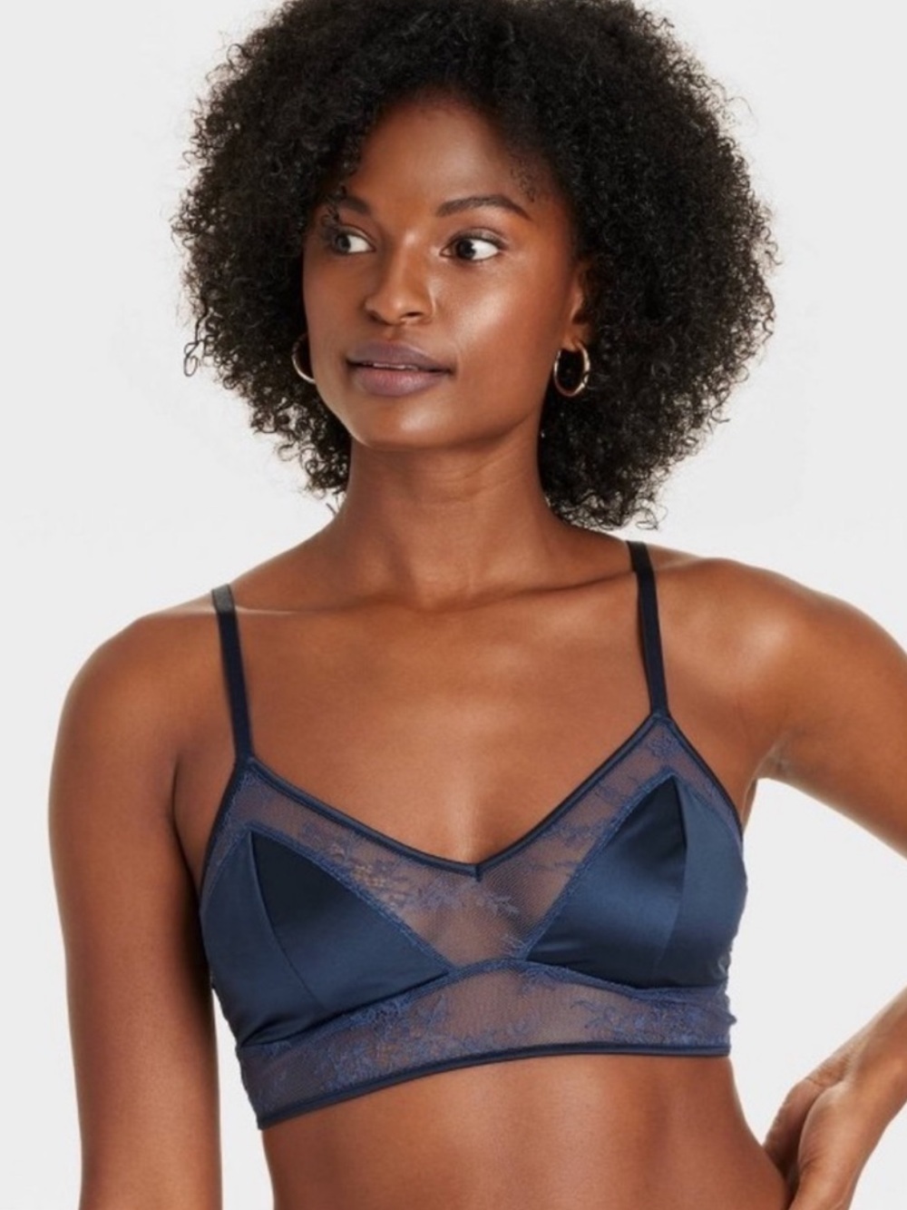 Auden Satin & Lace Longline Bralette Unlined Retro Bra Blue Size M NWT
